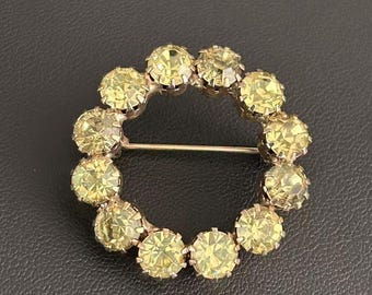 Broche circular vintage de diamantes de imitación amarillos con forma de corona abierta de citrino.