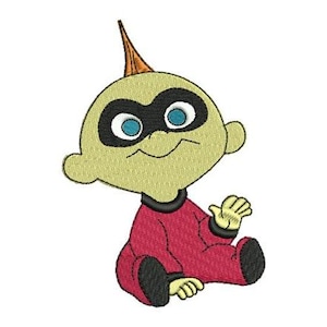 May include: Embroidered image of a baby character with a yellow head, black mask, and red outfit. The character has blue eyes, a small smile, and a spiky orange hair. The baby is sitting with one hand raised.