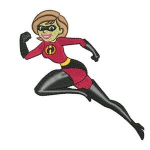 May include: Embroidered design of a female superhero in a dynamic running pose. The character wears a red suit with black accents, a yellow belt, and a black mask. The design is set against a white background.