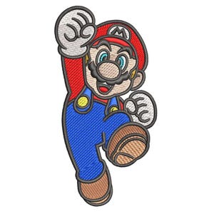 Op de afbeelding: Geborduurde patch met het personage Mario uit de Super Mario Bros. videogame serie. Mario wordt afgebeeld in zijn klassieke outfit: een rode hoed met een witte "M", blauwe overall en een rood shirt. De patch heeft een gedetailleerd, gestikt ontwerp.