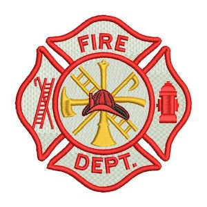 May include: Embroidered fire department emblem featuring a red Maltese cross design with the words "FIRE DEPT." The center includes a firefighter's helmet, axe, ladder, and hydrant, all in gold and red.
