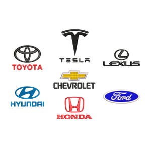 May include: Embroidered logos of several car brands, including Toyota, Tesla, Lexus, Chevrolet, Hyundai, Honda, and Ford, are displayed on a white background. The logos are in their respective colors and designs.