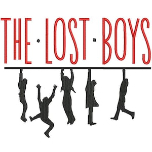 May include: Embroidered design featuring the text "THE LOST BOYS" in red, above a black line. Below the line are black silhouettes of figures hanging and climbing, creating a dynamic visual.