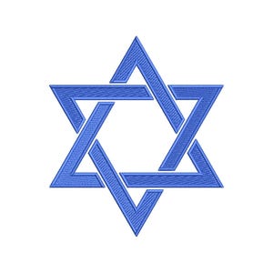 May include: A blue Star of David, a six-pointed star composed of two overlaid equilateral triangles. The symbol is rendered with a textured, embroidered appearance against a white background. The design is a representation of Judaism.
