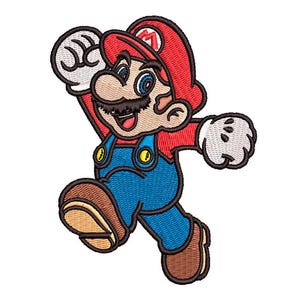 Pode incluir: Patch bordado com o personagem Mario da série de videojogos Super Mario Bros. Mario é retratado com seu chapéu vermelho, macacão azul e sapatos marrons, em pleno salto com uma expressão alegre.