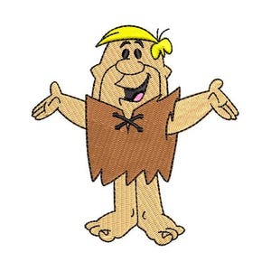 May include: Embroidered image of a cartoon character with tan skin, wearing a brown tunic and a yellow headband. The character has a wide smile and open arms, with a black cross-shaped detail on the tunic. The image is on a white background.
