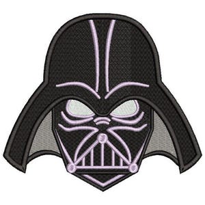 以下が含まれることがあります： ダース・ベイダーの象徴的なヘルメットをあしらった刺繍パッチ。パッチは主に黒色で、薄紫とグレーのアクセントがあり、キャラクターの特徴的なマスクと顔の特徴を示しています。デザインは詳細で、衣類に適しています。