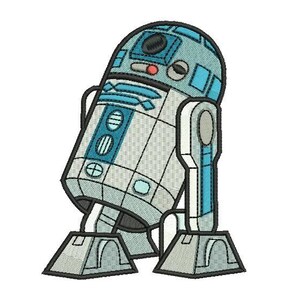 May include: Embroidered patch of the R2-D2 droid from Star Wars. The patch features a detailed design in blue, grey, and white, with black outlines. The droid is shown in a classic, upright pose, ideal for fans of the franchise.