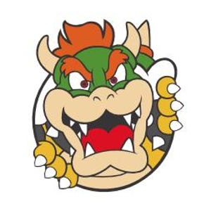Puede incluir: Ilustración de dibujos animados de Bowser de la serie de videojuegos Super Mario. La cabeza verde y el pelo naranja de Bowser están enmarcados por un círculo blanco. Su boca está abierta, revelando dientes afilados y una lengua roja. Se ven garras y cuernos amarillos.