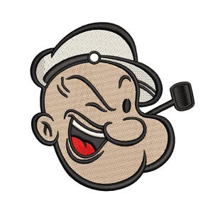 Puede incluir: Parche bordado con el personaje de dibujos animados Popeye el Marino. El parche muestra la cara sonriente de Popeye, con una pipa y su gorro de marinero. El diseño utiliza hilo beige, negro, rojo y blanco.