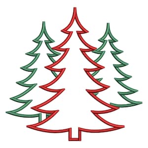Pode incluir: Um design com três contornos estilizados de árvores de Natal em vermelho e verde. As árvores são dispostas em camadas, com uma árvore vermelha no centro e árvores verdes em ambos os lados. O design é simples e festivo.