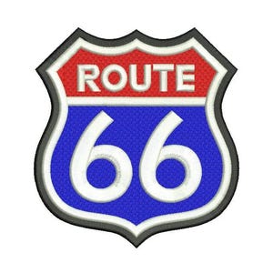 May include: Embroidered Route 66 sign in a shield shape. The top section is red with the word "ROUTE" in white. The bottom section is blue with the number "66" in white. The sign is outlined in black and white.
