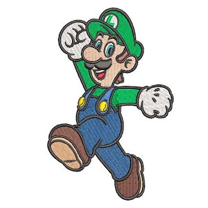 May include: Embroidered image of Luigi, a character from the Super Mario video game series. Luigi is depicted in a running pose, wearing a green hat, green long-sleeve shirt, blue overalls, and brown shoes. His white gloves are raised in the air.