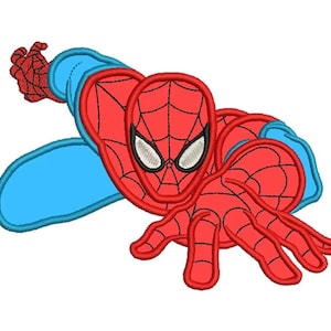 Może przedstawiać: Haftowana naszywka przedstawiająca Spider-Mana w pozycji pełzającej. Superbohater jest przedstawiony w swoim klasycznym czerwono-niebieskim kostiumie z wzorem pajęczyny. Oczy są białe, a design jest w stylu kreskówkowym.