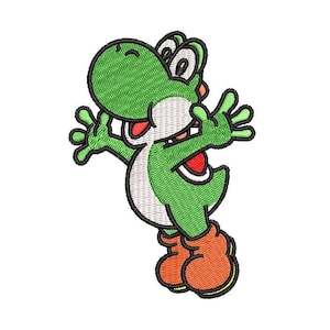 May include: Embroidered image of Yoshi, a green dinosaur character with white belly, red mouth, and orange shoes. The character is in a joyful pose with arms outstretched, set against a white background. The embroidery details are clearly visible.