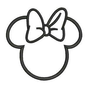 May include: Black outline of a cartoon character's head, featuring large round ears and a bow. The bow is centered at the top of the head, with the ears on either side. The design is simple and clean, suitable for various applications.