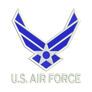 May include: Embroidered U.S. Air Force emblem featuring a blue and white design. The emblem is a stylized wing shape with a central star and a circle. The text "U.S. AIR FORCE" is embroidered below the emblem.