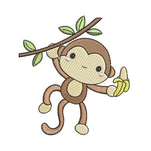 Op de afbeelding: Geborduurd ontwerp van een cartoon aap die een banaan en een tak met groene bladeren vasthoudt. De aap heeft bruine vacht, een bruin gezicht en roze wangen. De banaan is geel.