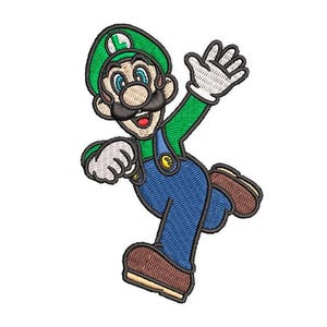 Puede incluir: Parche bordado con Luigi de Super Mario Bros. El parche muestra a Luigi con su gorra verde, camisa verde, peto azul y zapatos marrones, con una expresión alegre y la mano levantada.
