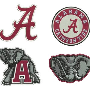 May include: Four embroidered patches featuring the University of Alabama Crimson Tide logo. Includes a script "A", a circular patch with "Alabama Crimson Tide", and two elephant designs with the letter "A". The patches are in crimson, white, and grey.
