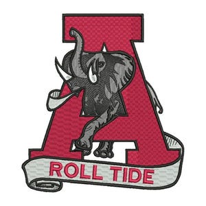 May include: Embroidered patch featuring a crimson letter "A" with a gray elephant mascot. A banner below reads "ROLL TIDE" in red letters on a gray background. The design is set against a white background.