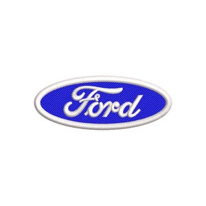 May include: Embroidered patch featuring the Ford logo. The logo is a white script wordmark inside a blue oval with a white border. The patch is designed for application on clothing or accessories.