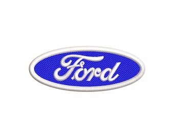 May include: Embroidered patch featuring the Ford logo. The logo is a white script wordmark inside a blue oval with a white border. The patch is designed for application on clothing or accessories.