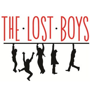 May include: White background with the text "THE LOST BOYS" in red, above a black line. Below the line are black silhouettes of five figures hanging or climbing.