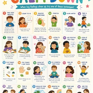 May include: A colorful educational poster titled How Kids Can Calm Down, featuring twenty-four numbered illustrations of children performing various calming techniques. The chart includes text instructions for each activity, set against a light background with small stars, hearts, and a sun.