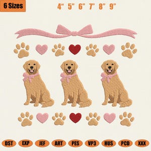 May include: An embroidery design featuring three golden retriever dogs with pink scarves, surrounded by paw prints, hearts, and a pink bow. The design includes text indicating six sizes, ranging from 4 to 9 inches.