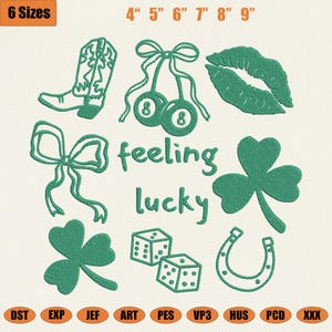 Pode incluir: Desenhos de bordado verdes, incluindo uma bota de cowboy, cerejas com bolas 8, lábios, um laço, um trevo de quatro folhas, dados e uma ferradura. O texto "feeling lucky" também está incluído. Tamanhos de 10 cm a 23 cm.