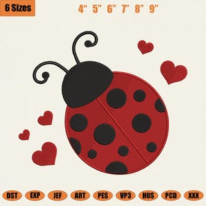 May include: A red ladybug design with black spots and a black head, surrounded by red hearts. The image includes text indicating sizes from 4" to 9" and various file formats. The ladybug is a popular design for embroidery.