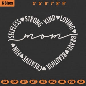 Op de afbeelding: Zwarte afbeelding met witte tekst in de vorm van een hart. Het woord 'mom' staat in het midden, omringd door woorden als 'zelfloos', 'sterk', 'lief', 'liefdevol', 'moedig', 'mooi', 'creatief' en 'leuk'. Maten variëren van 10 tot 23 cm.