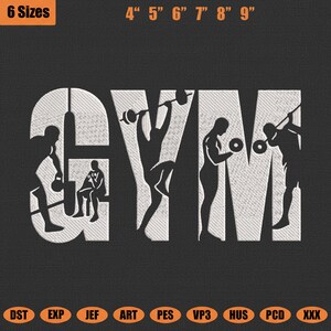 May include: White embroidered "GYM" text with silhouettes of people working out on a black background. The text is accompanied by the words "6 Sizes" and measurements from 4" to 9".