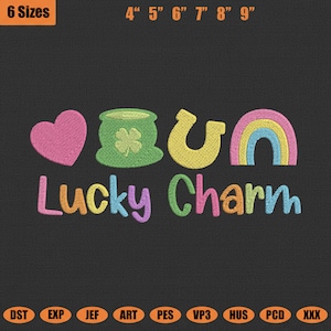 May include: An embroidered design featuring a pink heart, a green pot of gold with a shamrock, a yellow horseshoe, and a rainbow. The word "Lucky Charm" is written below in colorful letters. The image also includes size options and file type information.