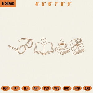 May include: An embroidered design featuring eyeglasses, an open book with a heart, a cup of coffee on a book, and a gift-wrapped book. The image includes text indicating sizes from 4" to 9" and file formats.