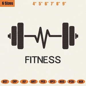 May include: A black fitness design featuring a barbell with a heartbeat line in the center and the word "FITNESS" below. The image includes size options from 4 to 9 inches. The design is available in multiple file formats.