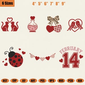 Könnte beinhalten: Eine Sammlung von Stickmustern zum Valentinstag. Die Designs umfassen rote Katzen, eine Zaubertrankflasche, Herzen, Vögel, einen Marienkäfer, eine Herzgirlande und den Text "FEBRUARY 14". Das Bild zeigt auch die verfügbaren Größen.