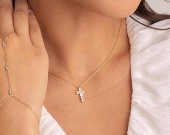 18k Brazilian Gold Filled Dainty Crystal Cross Necklace