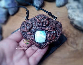 Goddess Owl Larimar/Labradorite polymer clay  Pendant/Necklace.