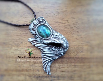 Faceted Labradorite Large Mermaid Tail Polymer Clay  Pendant/Necklace.