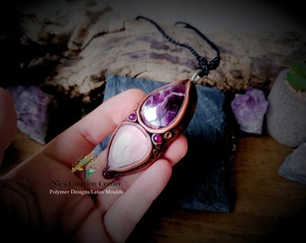 Amethyst and Rose Quartz/Garnet Polymer clay Pendant/Necklace.