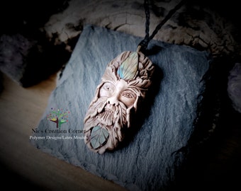 Leaf Labradorite  Green man Polymer Clay Pendant