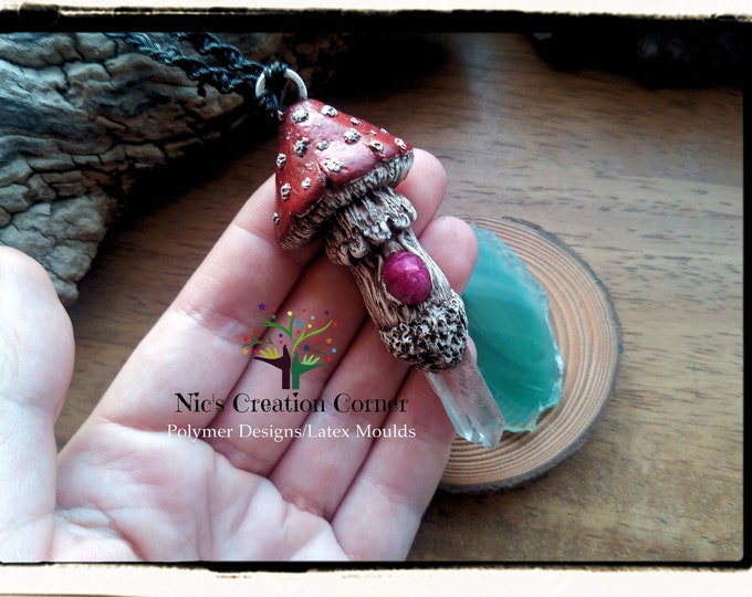 Featured listing image: Quartz and Faceted Ruby Shroom/Mushroom Epoxy Clay  Pendant/Necklace.