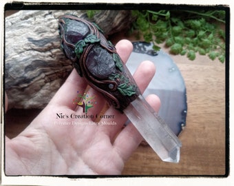 Large Double Termilated Quartz Point/ Raw Amethyst hand sculpted polymer clay wand.