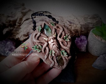 Handmade labradorite Polymer Clay Ooak Green Man/ Old man of the forest/ Pan  Pegan/Celtic Gemstone pendant.