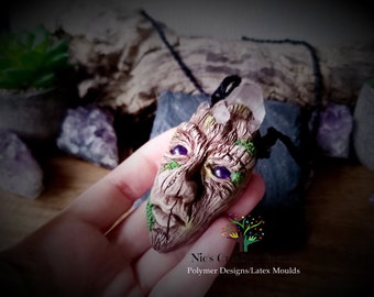 Handmade Quartz Crystal/ Polymer Clay Ooak Green Man/ Old man of the forest Pegan/Wiccan/Celtic pendant.