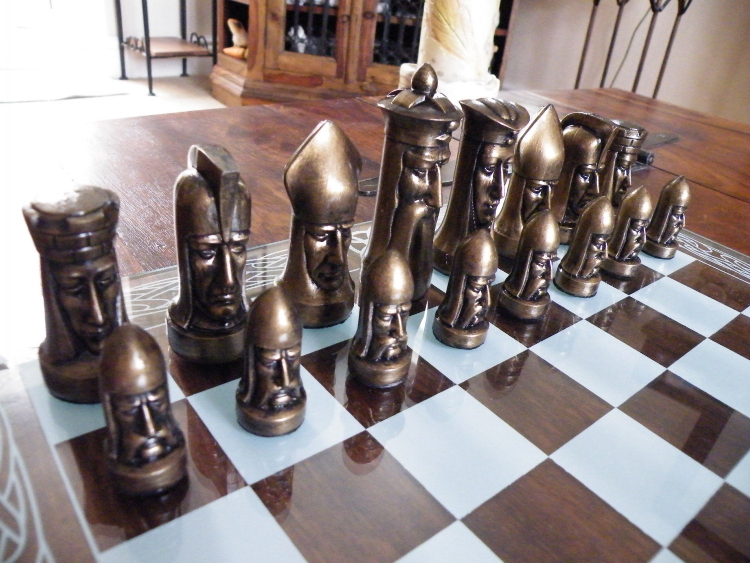 Ganine Gothic Sculptured Chess Set Checkers Board Lot w Box 1957 - Vintage