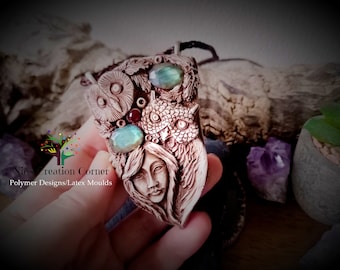 Faceted labradorite/Garnet Owl Goddess   Polymer Clay Pendant