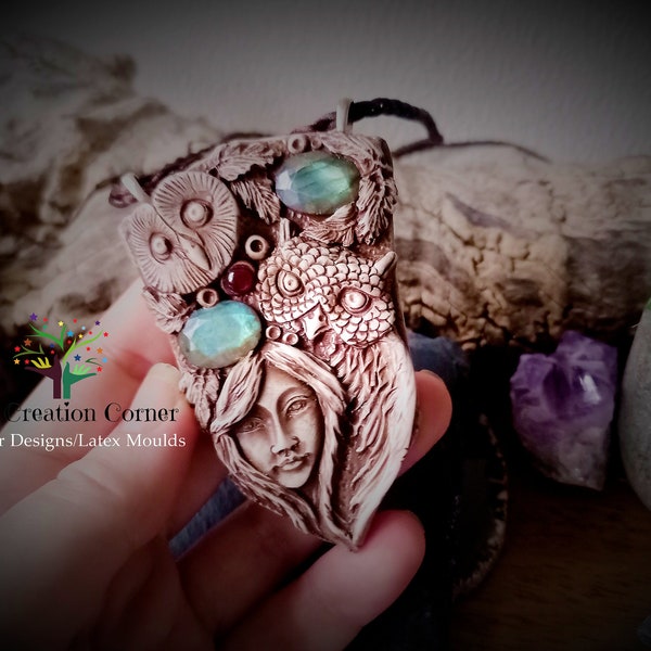 Faceted labradorite/Garnet Owl Goddess   Polymer Clay Pendant